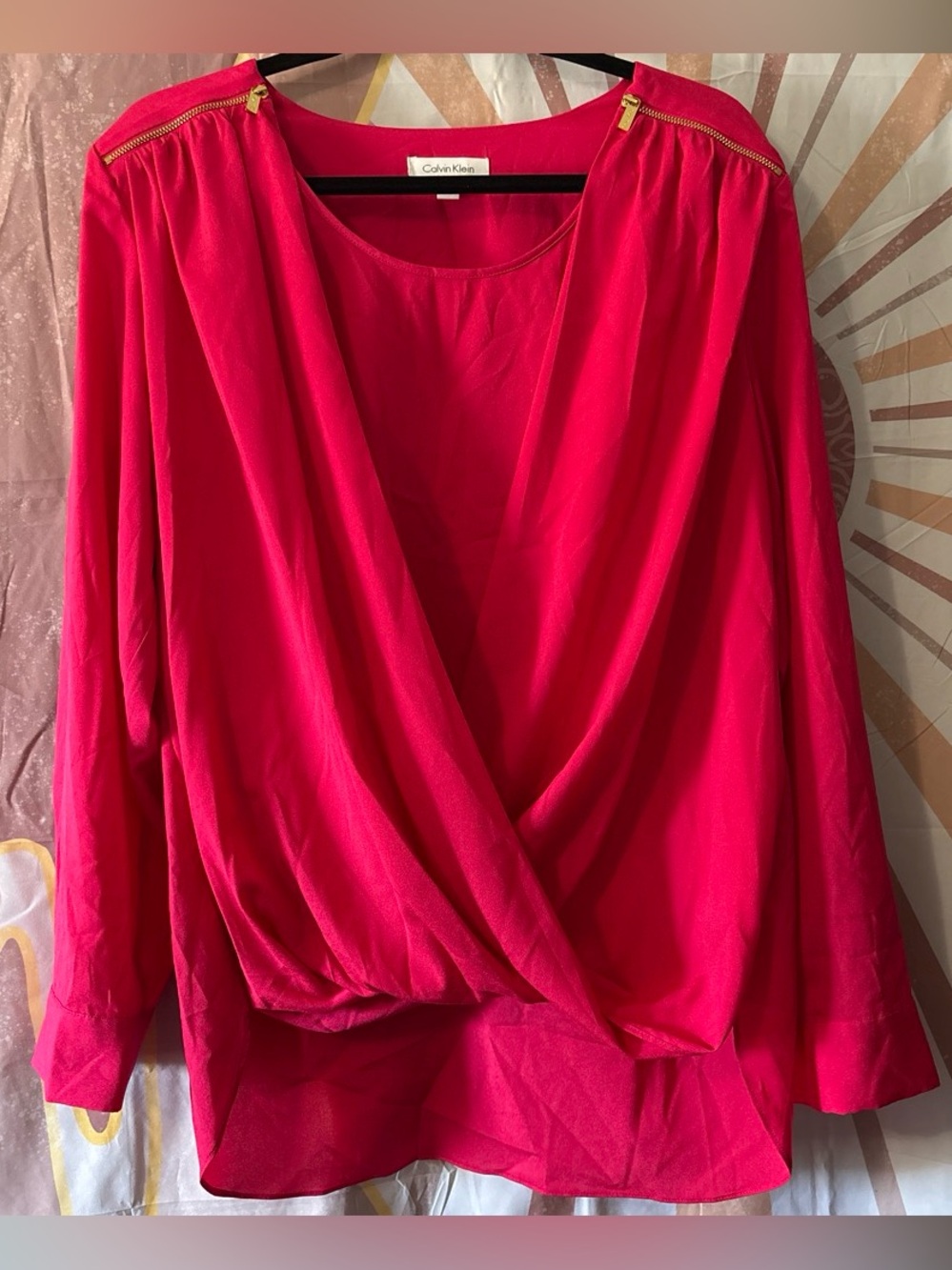 Calvin Klein Hot Pink Wrap-Front Blouse with Shoulder Zips y2k size XL flowy